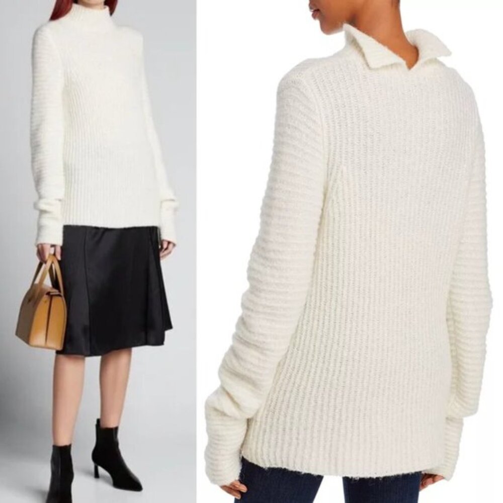 Helmut Lang Ivory Fisherman Rib Wool Alpaca Ghost Split Neck Sweater